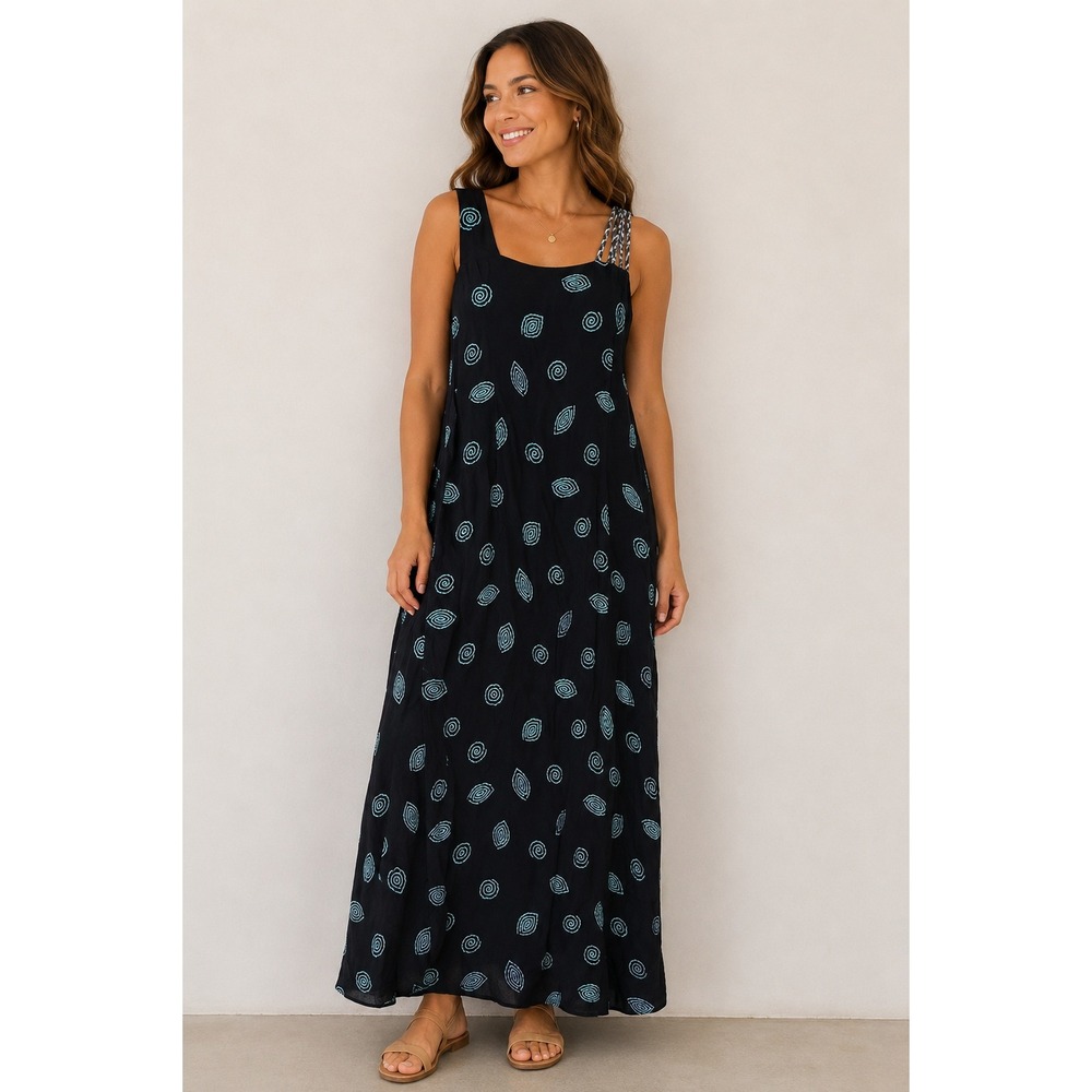 Vintage 90s Ishwar Spiral‎ Print Maxi Dress Boho Hippie Coastal Beach Festival